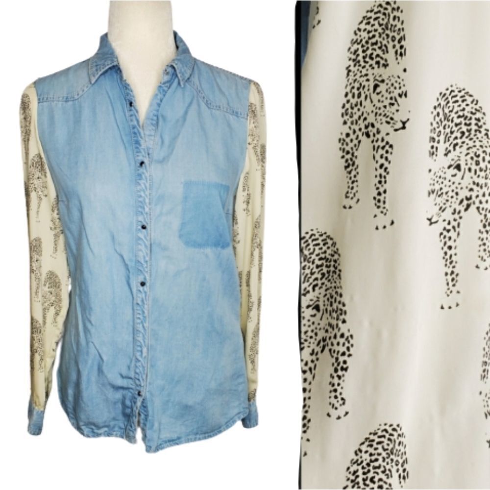 ZARA top cheetah chiffon chambray button up shirt S
